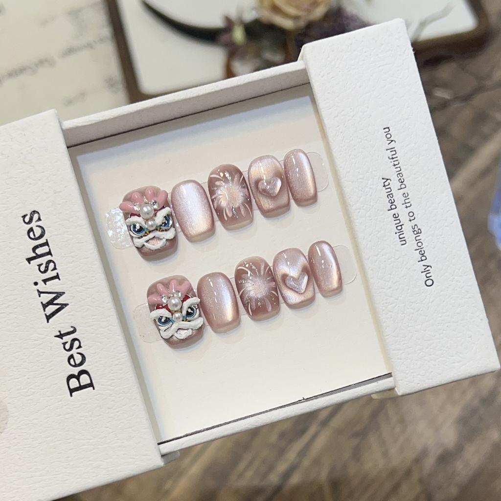 Pure Handmade Short Wear Armor with High-end Cat Eye Nail Art Cute Dragon Horn Lion Fireworks Cat Eye Removable Nail Piece