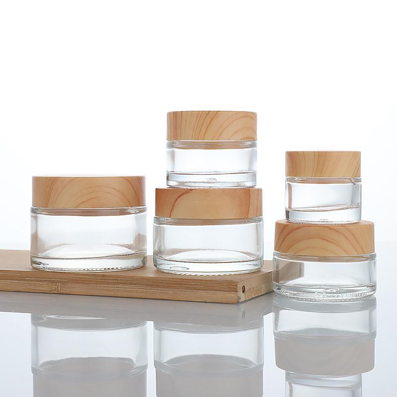 Прозрачная стеклянная баночка для крема для глаз и лица с крышкой, имитирующей древесину