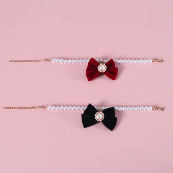 Princess Style Cat Necklace Faux Pearls Velvet Bowknot Decor Adjustable Design Pet Kitten Collar Pet Accessory