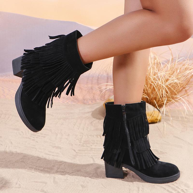 Женские дизайнерские ковбойские сапоги с кисточками, модные толстые каблуки с молнией сбоку, женские ботильоны из искусственной замши в стиле ретро, вестерн-ботасы Mujer
