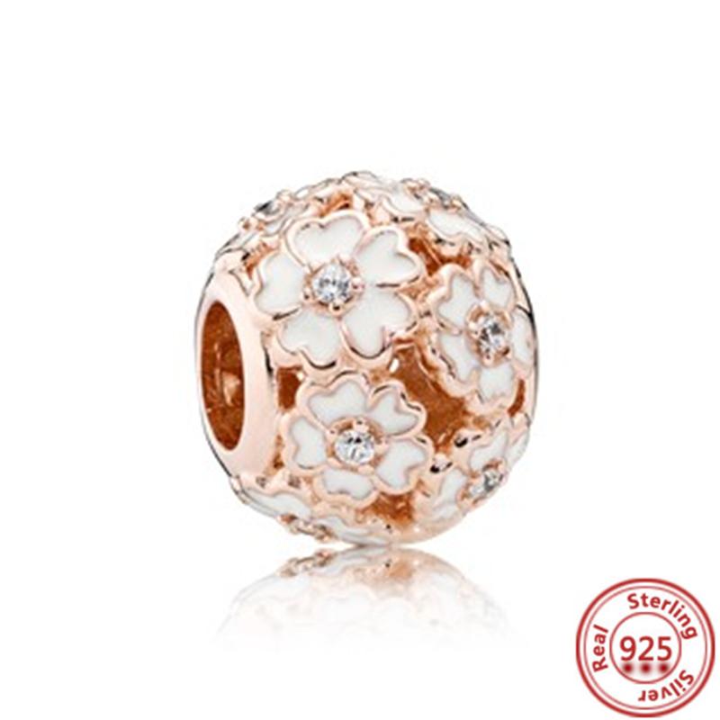 Hot Sale Rose Gold Series Pink Zircon Leaves Heart Pendant Sparkling Clip Bead Fit Charm Bracelet DIY S925 Silver Jewelry