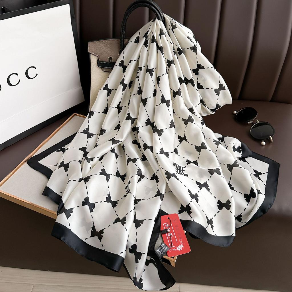 Свежий черно-белый шарф с принтом банта, весна и лето, тонкий шелковый шарф, кондиционер, комната снаружи, большой платок-шаль