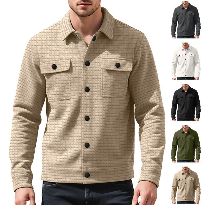 Men's Small Checkered Jacquard Knit Button Pocket Jacket, Spring and Autumn Warm Business Style Top