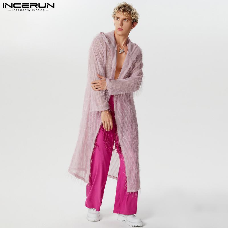 INCERUN Мужские прозрачные длинные кардиганы с кисточками и кимоно с открытым передом и капюшоном