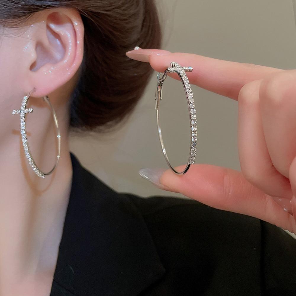 Exquisite Temperament Shining Full of Inlay Zircon Geometry Cross Large Circular Hoop Earrings for Women Korea Piercing Jewelry