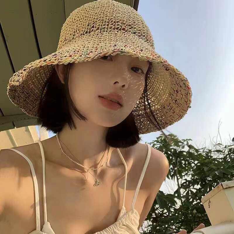 Women Summer Handwoven Rainbow Straw Hat Korean Fashion Wide Brim Breathable Cap for Beach Travel Sun Coverage