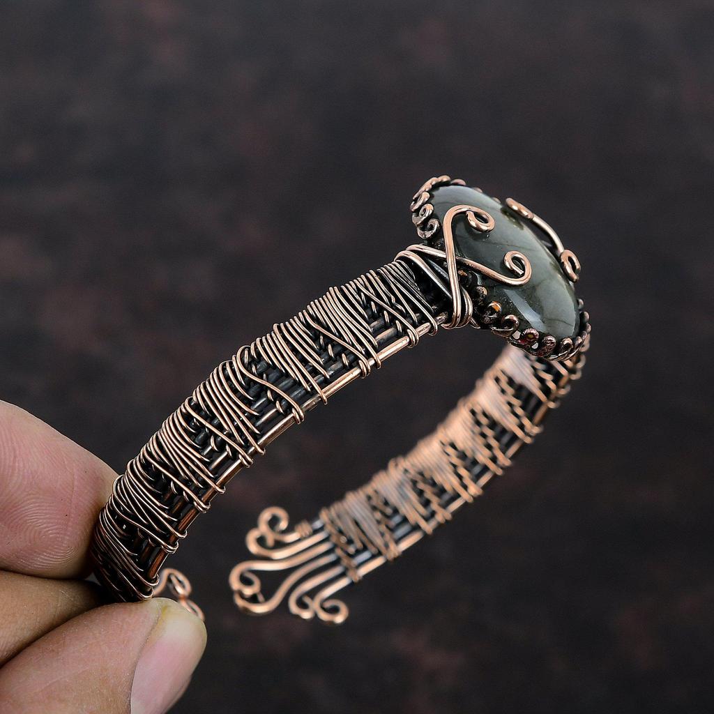 Лабрадорит Медный Браслет-манжета Проволочная обмотка Регулируемый Браслет-манжета Драгоценный Камень Браслет Ручной Работы Медная Проволока Ювелирные Изделия Подарок На Годовщину