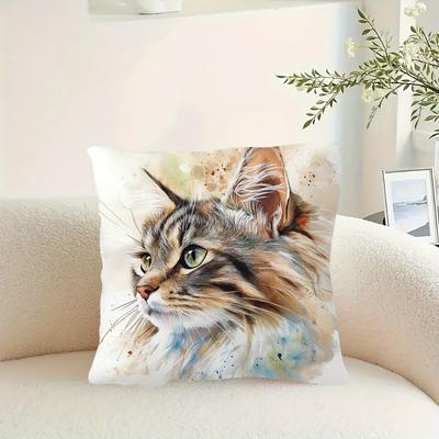 Watercolor Long-Haired Tabby Cat Throw Pillow Cover, Soft Artistic Kitten Print Decorative Cushion For Living Room Sofa Couch