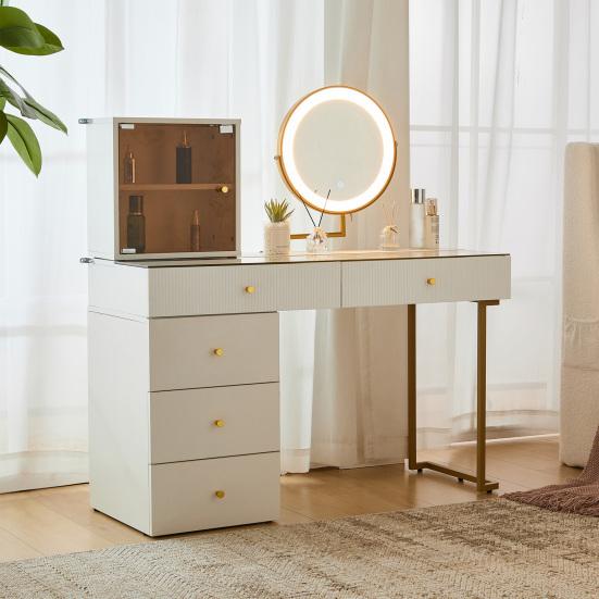 Vanity Desk Dressing Table Set with LED Mirror 5 Drawers Transparent Tempered Glass Large Top Side And Cabinet Elegant Furniture White Furniture