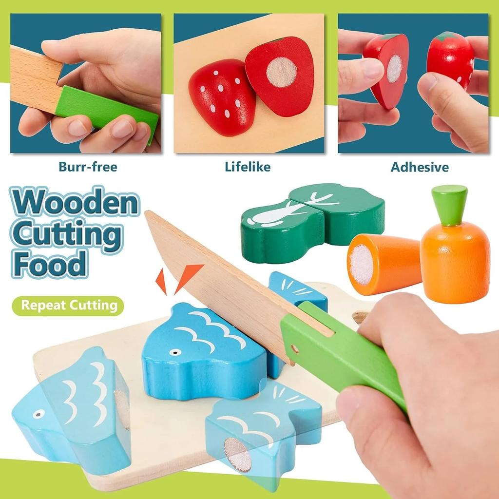 Wooden Play Food for Kids Kitchen Cutting Fruits Toys for Toddlers Pretend Vegetables Gift for Boys Girls Educational Toys