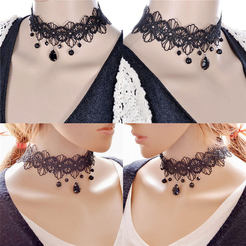 Fashion Gothic Black Lace Retro Choker Collar Flower Pendant Necklace Jewelry