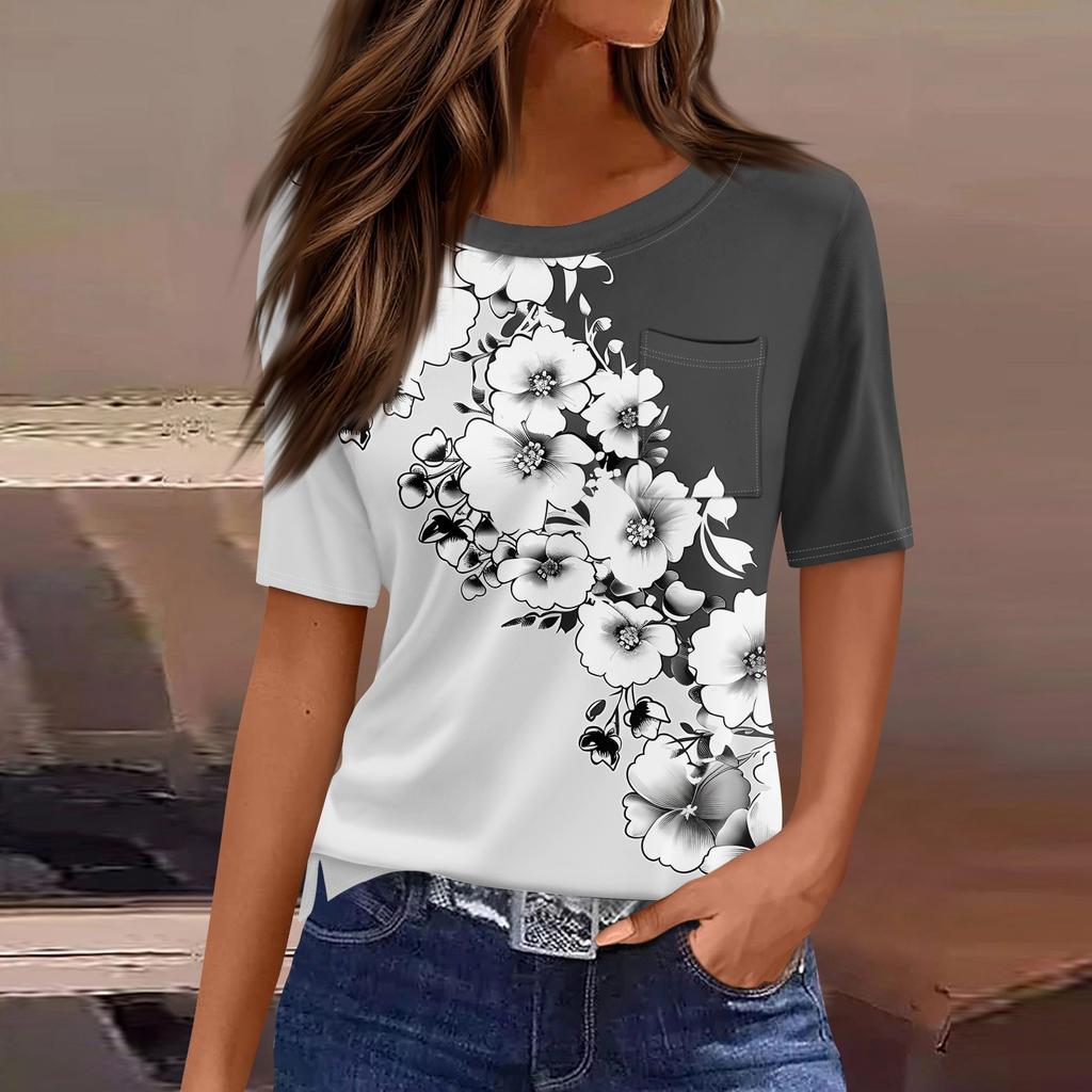 T-Shirts für Damen, Rundhalsausschnitt, elegante, lässige Blusen, bedruckt, kurzärmelig, Sommeroberteile, lockere Passform