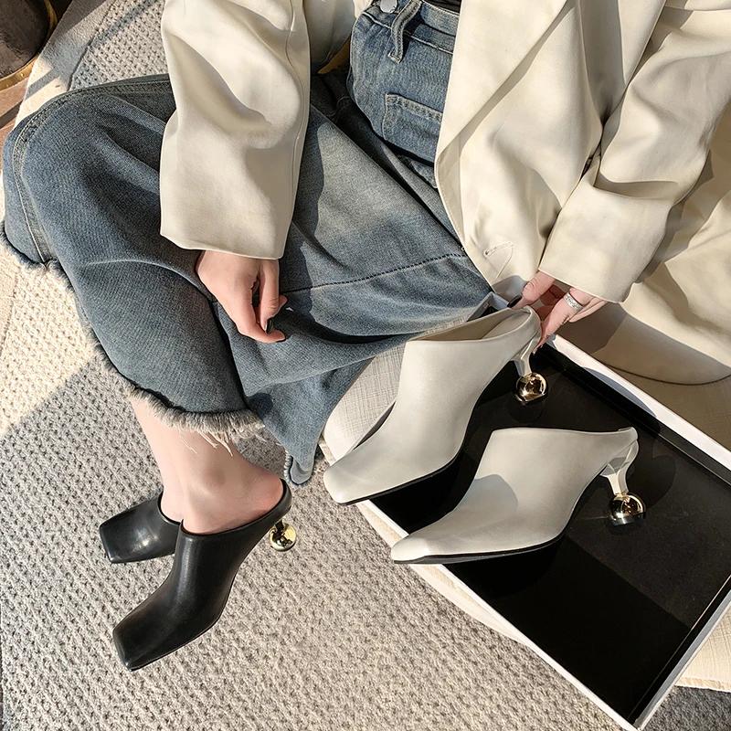 Fashion Square Toe Elegant Women Slippers Fad Mid Heels Leather Sandals Mule Shoes 2025 New Trend Spring Designer Dress Femme Chaussures