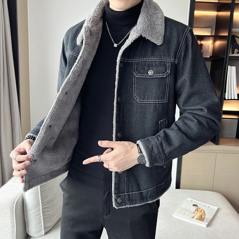 New Winter Sherpa Men's Thickened Jacket Denim Plus Velvet Lapel Top Casual Trendy Plus Size Jacket