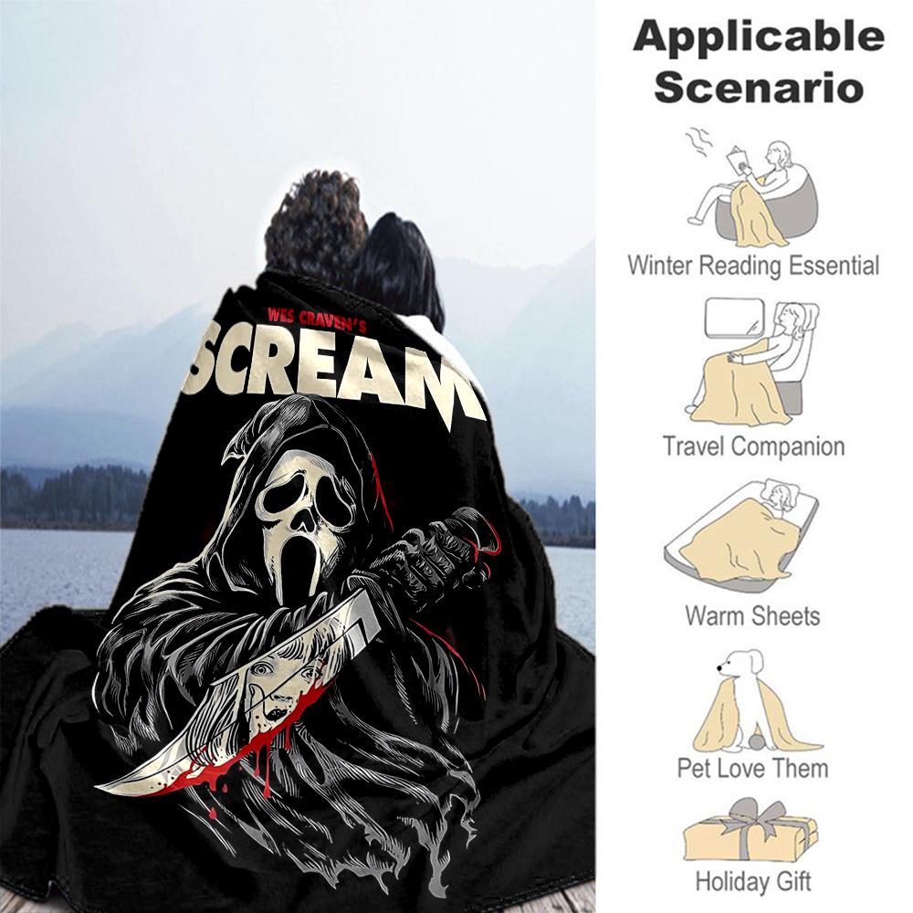 1PC Ghostface Scream Outdoor Flannel Throw Blanket - HD Printed Lightweight Soft Warm All-Season Blanket for Sofa, Bed, Travel, Camping 037