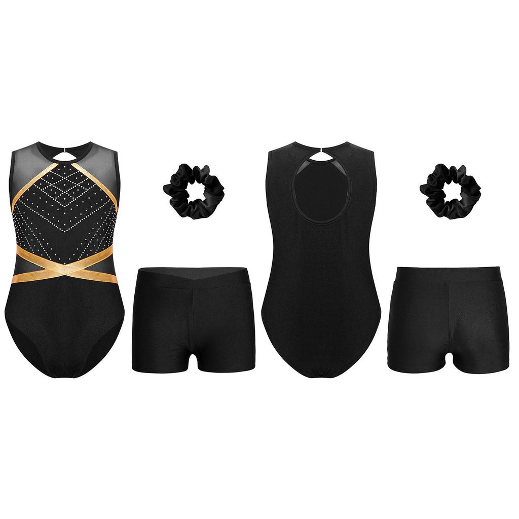 Детский гимнастический костюм для девочек, безрукавка с вырезом-замочной скважиной сзади, блестящие стразы, купальник с V-образным вырезом спереди, шорты, резинка для волос, головной убор