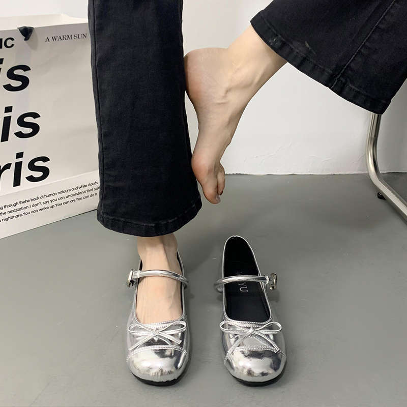 French with skirt light mouth small leather shoes women's 2025 new summer silver round head low heel flat Mary Jane single shoes