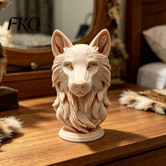 Wild Animal Head Sculpture 3D Printed Wolf Figurine, Realistic Statue with Round Base, for Home Office Bookshelf Decor Decoration