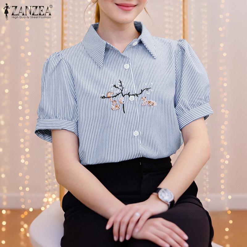 ZANZEA Женская повседневная блузка с отложным воротником, короткими рукавами, вышивкой и полосками