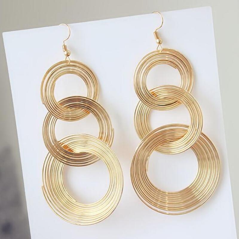 3 Circles Long Hanging Earrings for Women Gold Multi-layers Wrap Round Big Statement Exaggerated Ear Jewelry