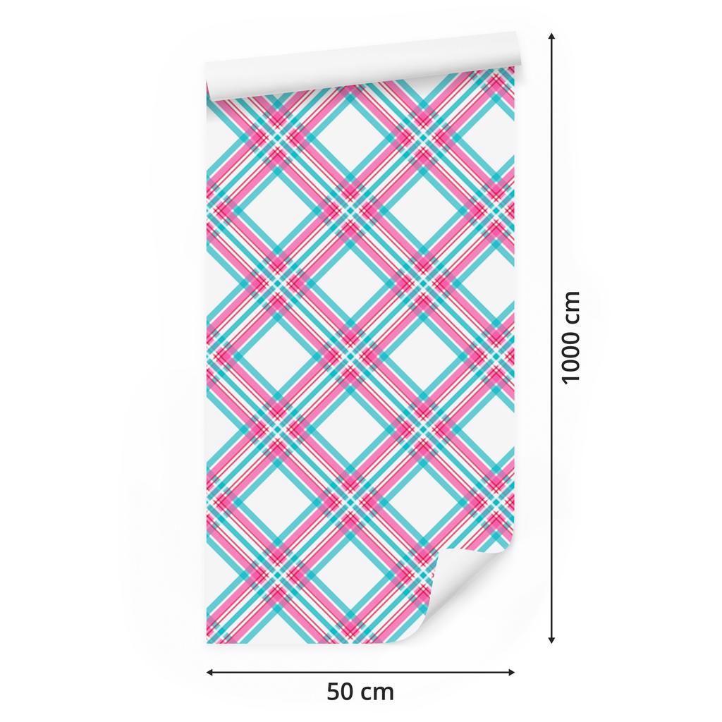 Pink and blue checkered wallpaper, powder pink and celadon, 50x1000