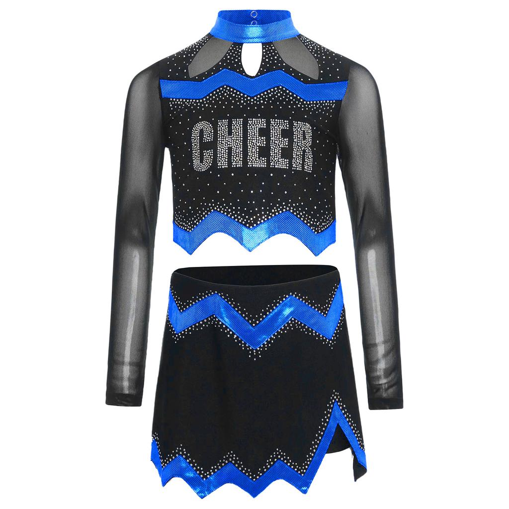 Girls Cheerleader Uniform Long Sleeve Crop Top Hollow Out Design Rhinestone Details Matching Dance Skirt Outfit