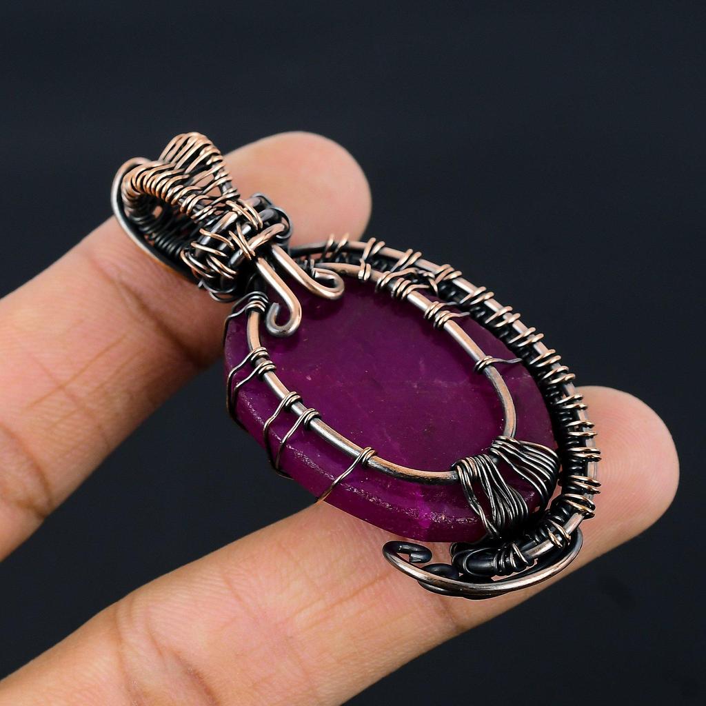 Рубиновый кулон Ювелирные изделия из драгоценных камней, Кулон ручной работы, обернутый медной проволокой 999 пробы, Ювелирные изделия новейшего дизайна