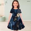 Girls Round Neck Short Sleeve Watercolor Printed A Line Flared Dress