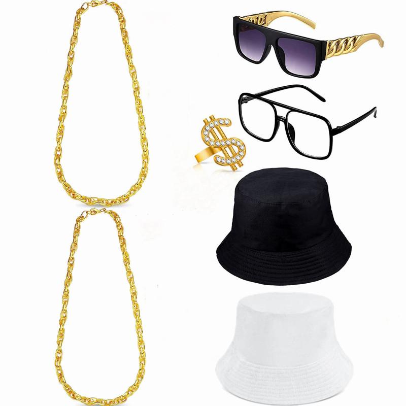 Комплект костюмов в стиле хип-хоп, ожерелье в стиле хип-хоп с долларом, кольцо, шляпа-ведро, комплект очков для вечеринки, принадлежности для косплея