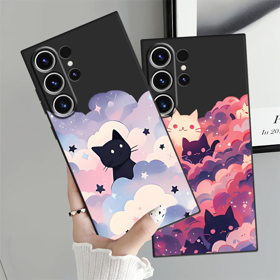 Funda Phone Cover Case for Samsung Galaxy S25 Note 20 8 9 10 S26 S24 Plus S23 S21 FE S20 Ultra S10 S9 Black Cat Starry Night