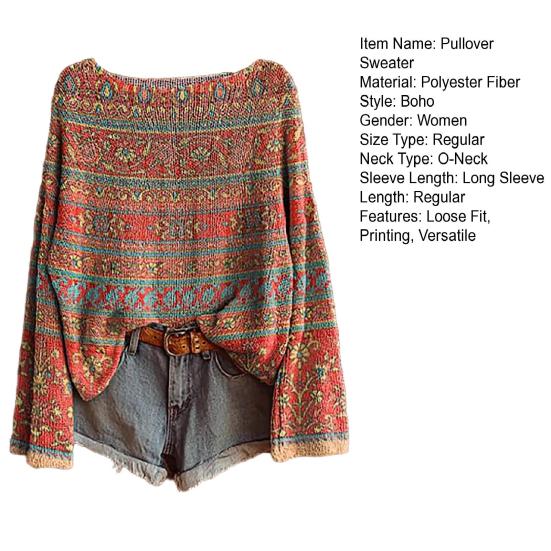 Женский осенний свитер с круглым вырезом и длинным рукавом, винтажный пуловер оверсайз, этнические графические вязаные топы для повседневной носки