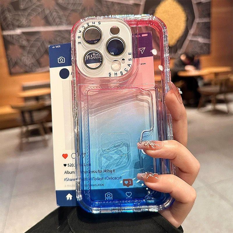 Colorful Bright Gradient Card Slot Wallet Clear Case For iPhone 16 Plus 15 14 13 12 Pro Max Candy Color Bumper Soft TPU+PC Cover