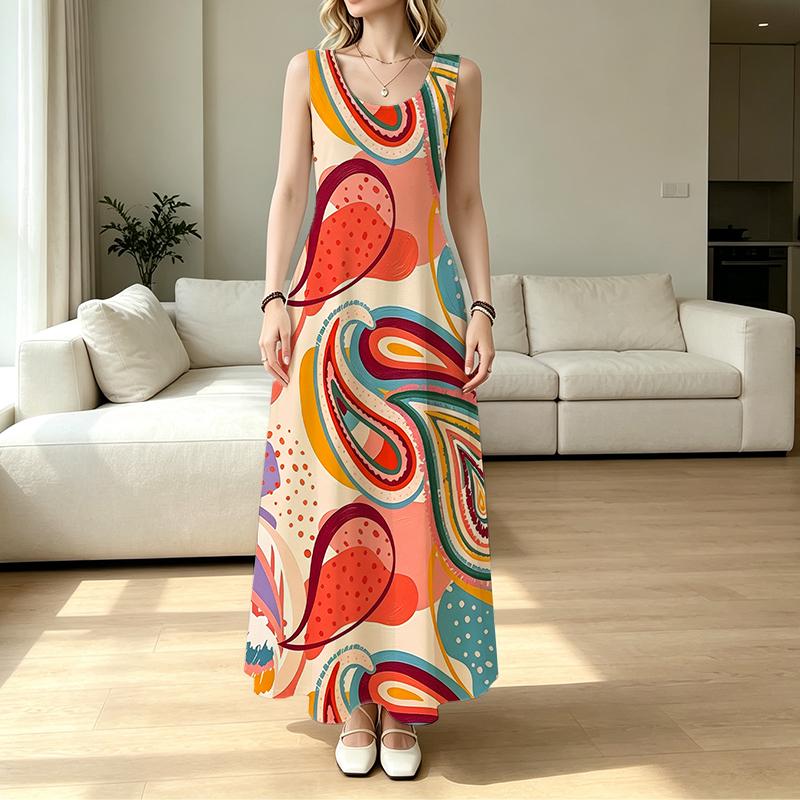 A-Line Maxi Dress Bohemian Style Loose Sleeveless Flowy Dress,Lightweight Breathable for Summer Casual Daily & Vacation,Versatile Long Dress
