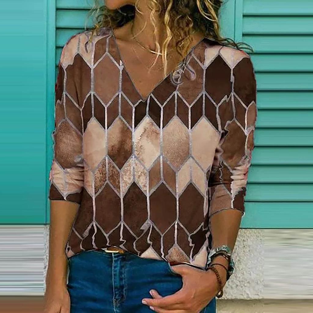 Women Fashion V-neck Print  Pullover Long Sleeve Loose Blouse Tops