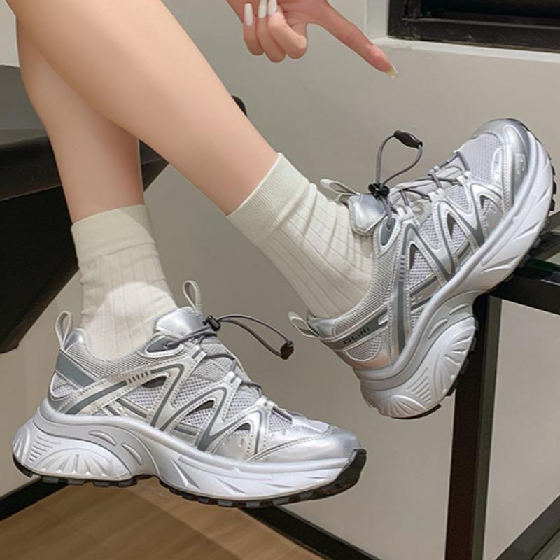 2024 Осень Женская Толстая Подошва Шнуровка Сетка Воздухопроницаемая Модная Повседневная Низкая Нескользящая Спортивная Обувь