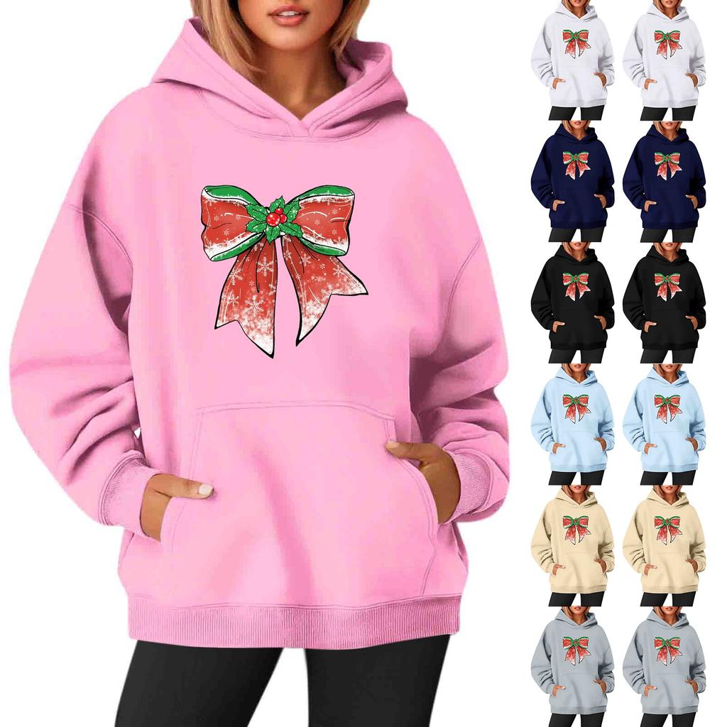 Women's Sweatshirts O-neck Long Sleeve Christmas Printed Top Solid Color Hoodie