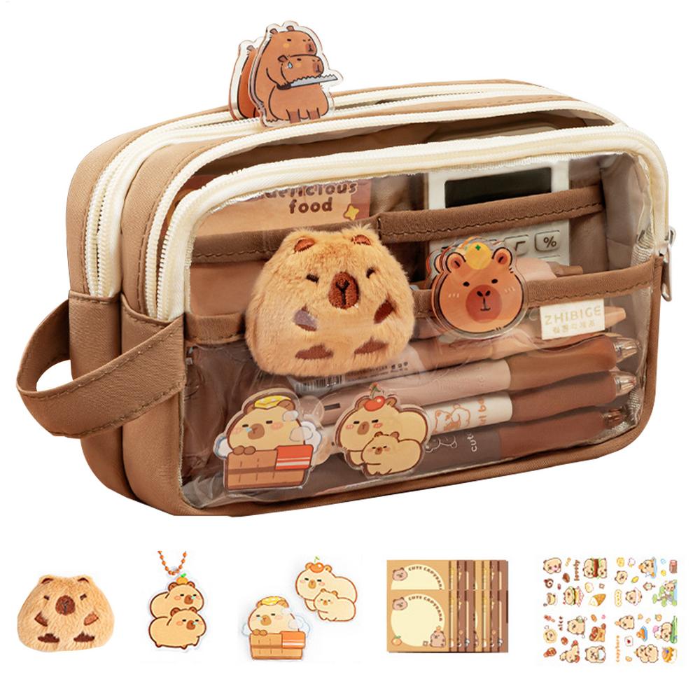Милый пенал с капибарой Прозрачный эстетичный пенал с милыми значками капибары Плюшевые наклейки Блок для заметок Школьные принадлежности Подарки