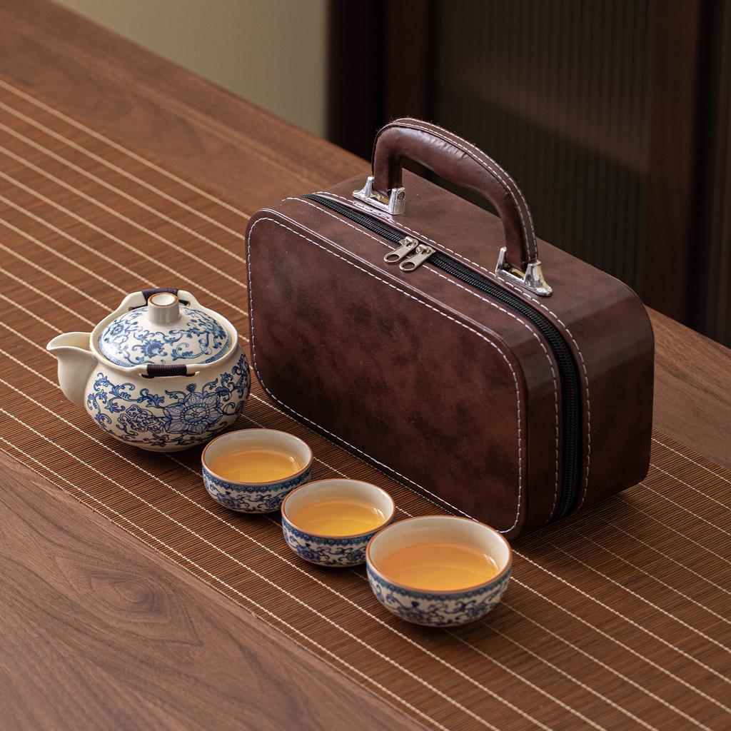 Portable travel tea set, one pot, four cups, ceramic outdoor express cup, four-piece set, business activities company