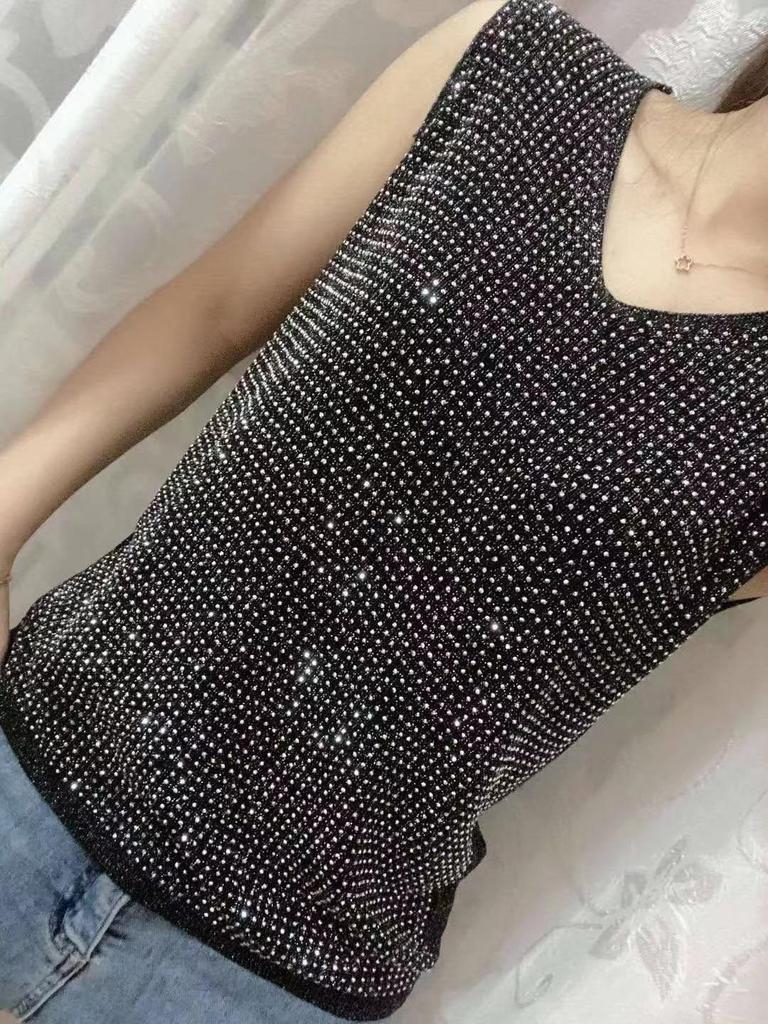 2023 Блестящий шелковый женский жилет без рукавов с V-образным вырезом - Новый стиль весна/лето, свободный крой с вязаным дизайном на бретелях с горячими бриллиантами