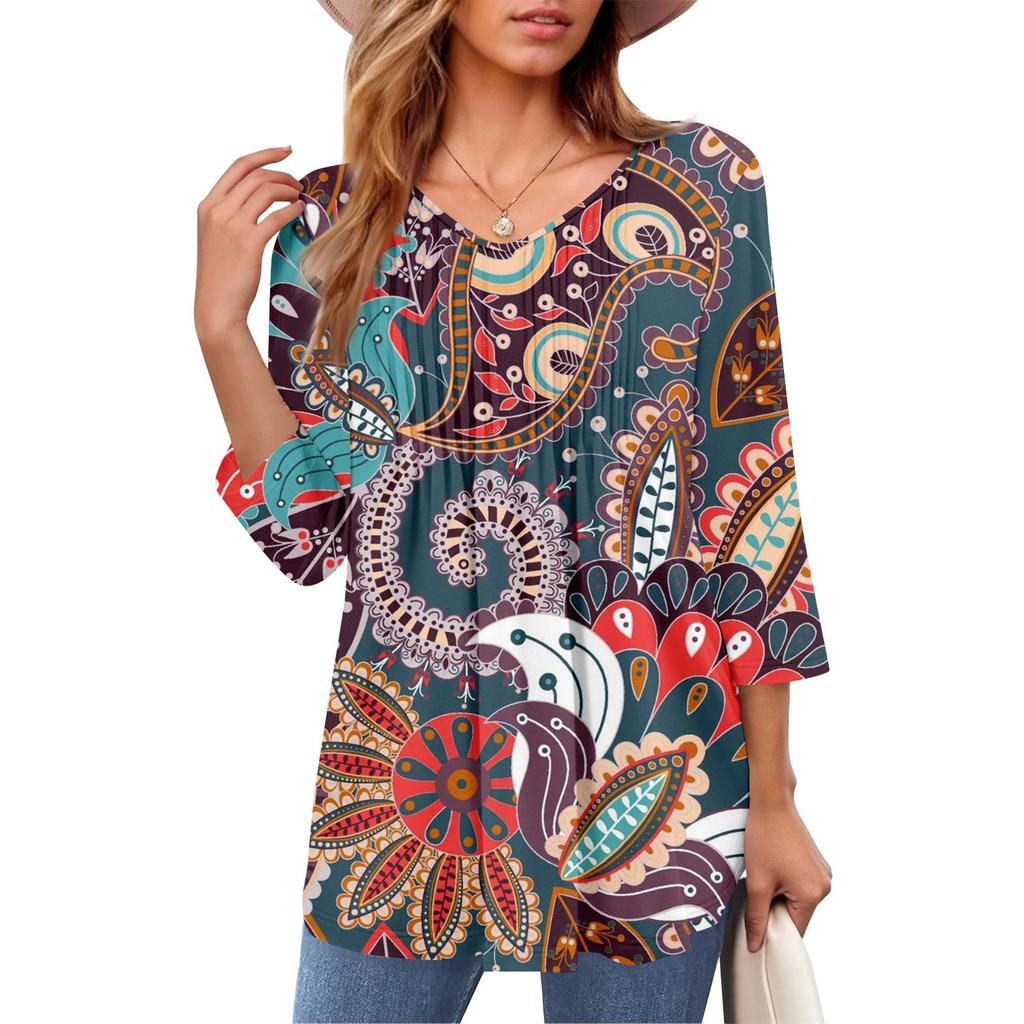 Женские топы с V-образным вырезом и рукавом три четверти в полоску, плиссированные, повседневные, летние, модные, рубашки