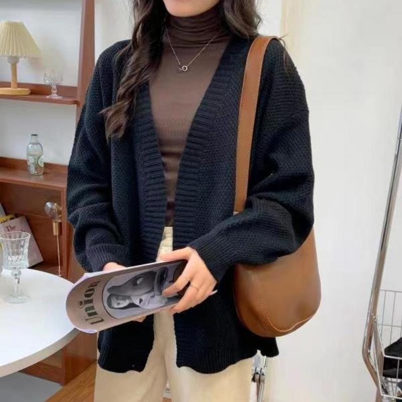 Осень Зима Женский Французский Ретро Стиль Вязаный Кардиган Свитер из Толстой Нити Свободное Пальто Средней Длины Повседневный Универсальный
