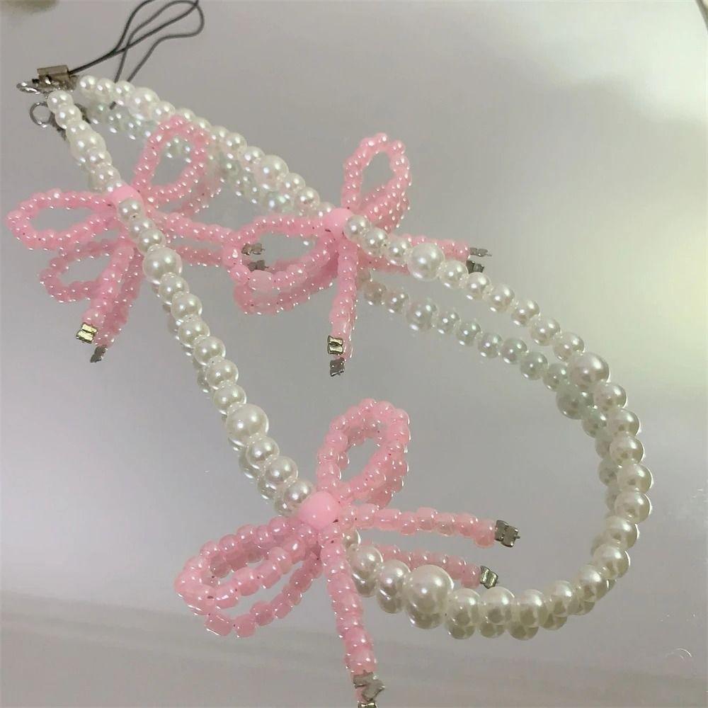 Korea Pink Bowknot Pearl Pendant Beaded Rope Strap New Phone Accessrioes