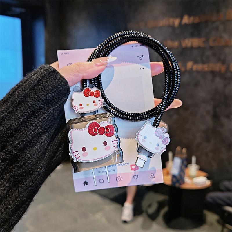 Защитный чехол для кабеля данных Hello Kitty с леопардовым принтом для iPhone 17 16 15 18/20W Защитная крышка для головки зарядного устройства Защитный шнурок от поломки