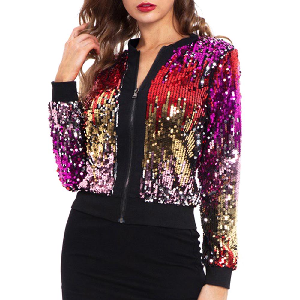 Women Sequin Jackets Sparkly Bomber Jackets VNeck Long Sleeve Zipper Glitter Clubwear Fashion Coat