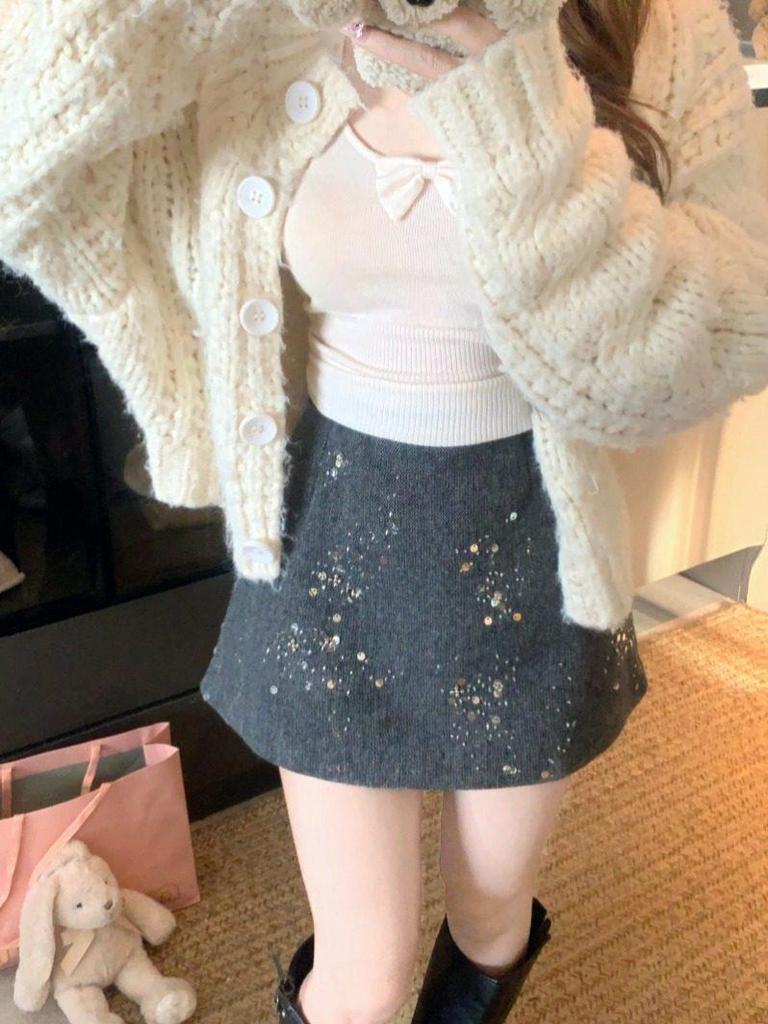Шерстяные клетчатые брюки-юбка с высокой талией А-силуэта, тяжелые, с бусинами, в корейском стиле, для женщин - Зимняя новинка