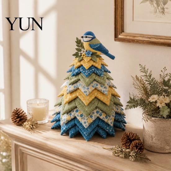 Retro Style Fabric Art Bird Christmas Tree Patchwork Kit, DIY Quilted Craft Creative Handmade Gift Ideas Floral Centerpiece for Holiday Home