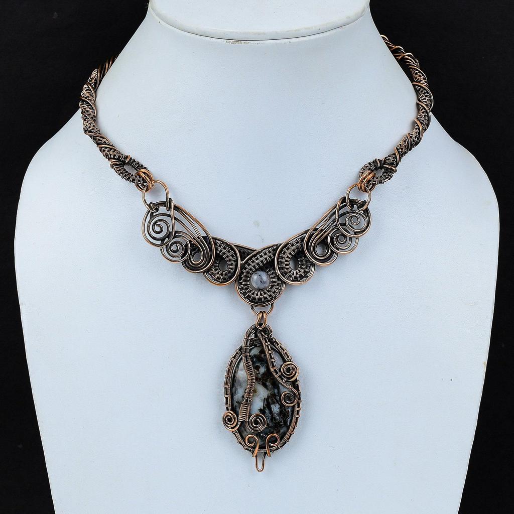 Ожерелье с астрофиллитом, ожерелье из медной проволоки, ювелирные изделия ручной работы в стиле бохо, ожерелье из радужного лунного камня, подарок для женщин, ювелирные изделия из меди с драгоценными камнями