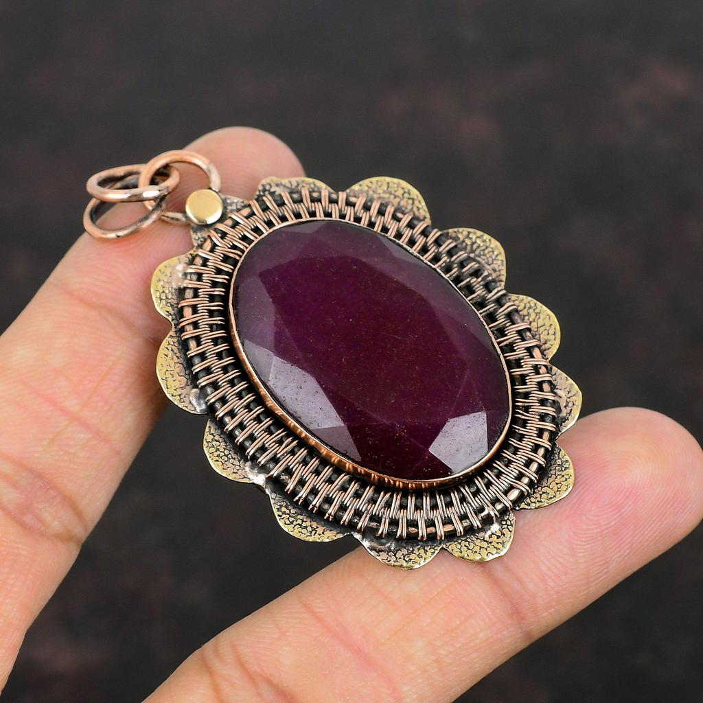 Кулон с ограненным кашмирским рубином, медный кулон, оригинальный кулон с драгоценным камнем, ювелирное изделие ручной работы, изящный кулон, красивые медные ювелирные изделия, подарки для него