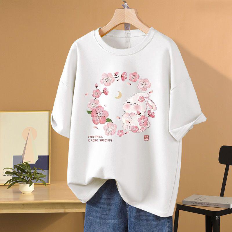 Летний повседневный топ из чистого хлопка с коротким рукавом и круглым вырезом, футболка с принтом мультяшного кролика, базовый пуловер S-5XL