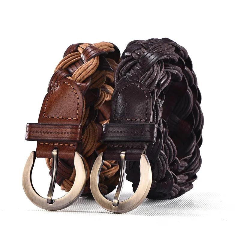 Vintage Cowhide Braided Belt for Women Simple Fashion Pin Buckle Jeans Accessories New Student Versatile Belt